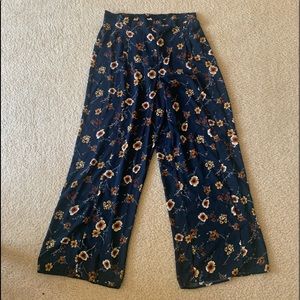 Floral Navy Flowy Pants with Cinched Waist